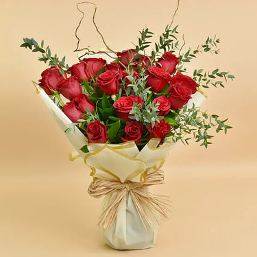 Mesmerizing Red Roses, Bouquet of 20, Red Roses, Green Ruscus, Eucalyptus Fillers, Jute Thread